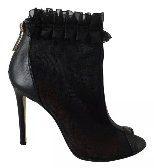 Mangano Black Leather Mesh Stiletto High Heels Peep Toe Boots Shoes by Mangano