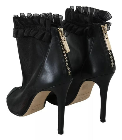 Mangano Black Leather Mesh Stiletto High Heels Peep Toe Boots Shoes by Mangano
