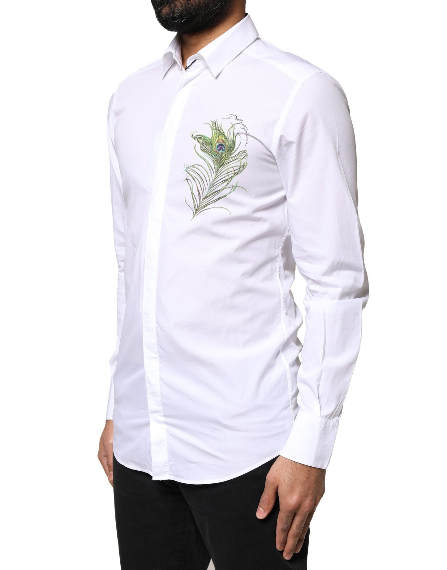 Dolce & Gabbana White Cotton Peacock Feather GOLD Formal Shirt by Dolce & Gabbana