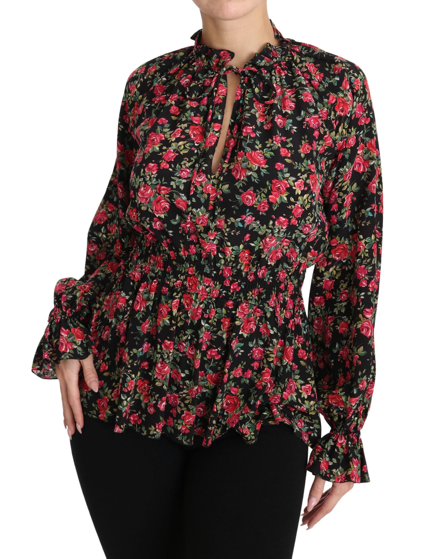 Chemise élégante en soie noire à fleurs Dolce &amp; Gabbana