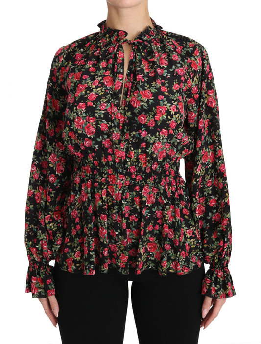 Chemise élégante en soie noire à fleurs Dolce &amp; Gabbana