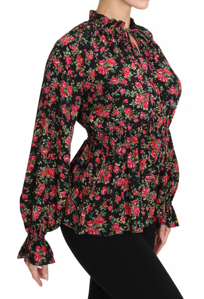 Chemise élégante en soie noire à fleurs Dolce &amp; Gabbana