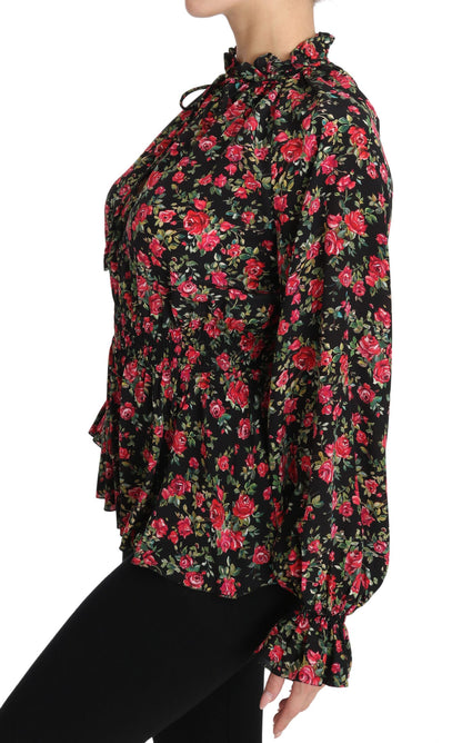 Chemise élégante en soie noire à fleurs Dolce &amp; Gabbana