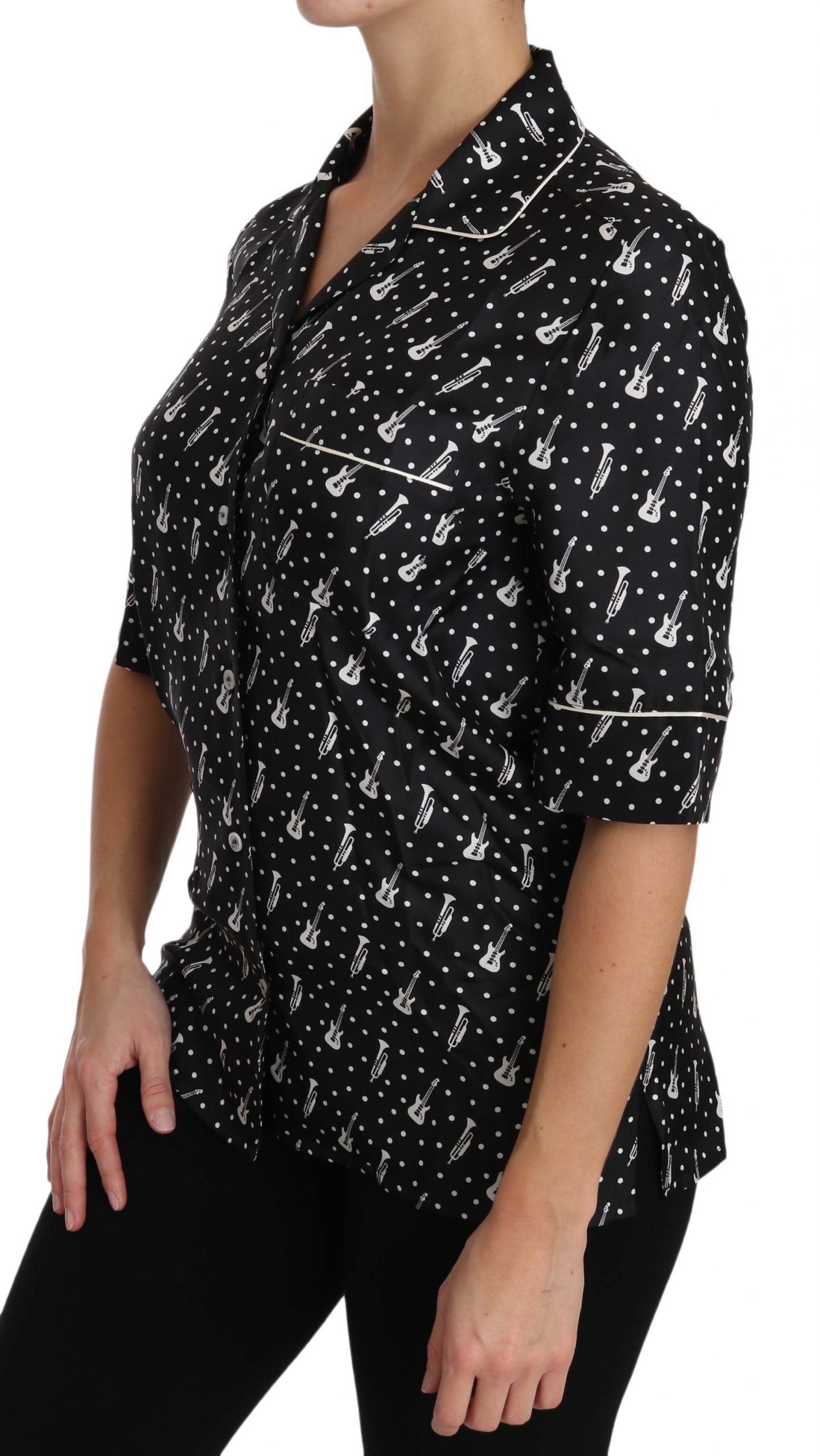 Dolce &amp; Gabbana Black GuitarTrumpet Print Silk Shirt Top