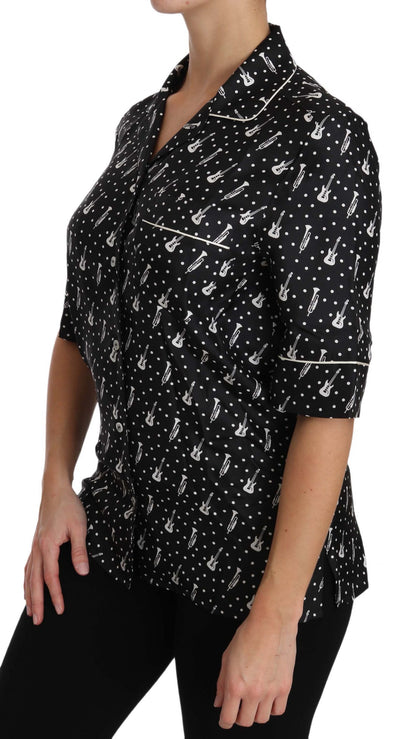 Dolce &amp; Gabbana Black GuitarTrumpet Print Silk Shirt Top