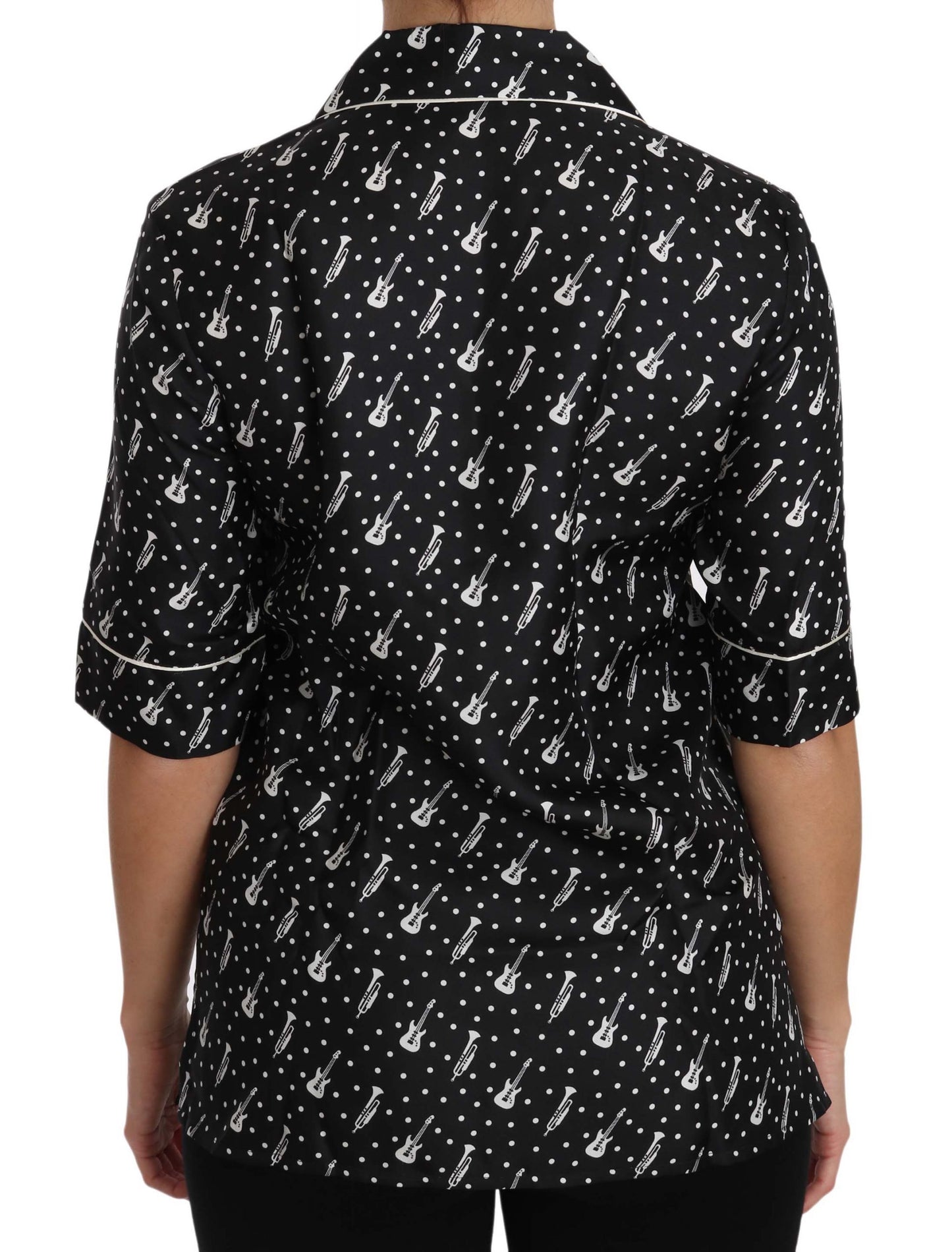 Dolce &amp; Gabbana Black GuitarTrumpet Print Silk Shirt Top