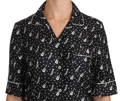 Dolce &amp; Gabbana Black GuitarTrumpet Print Silk Shirt Top