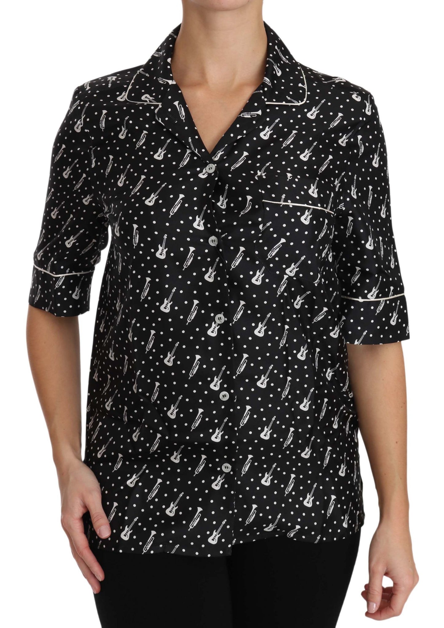 Dolce &amp; Gabbana Black GuitarTrumpet Print Silk Shirt Top