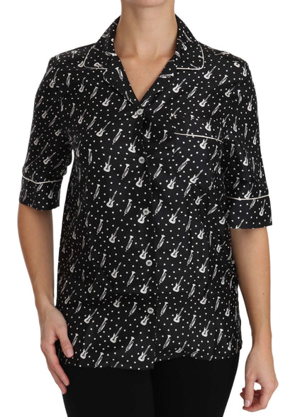 Dolce &amp; Gabbana Black GuitarTrumpet Print Silk Shirt Top