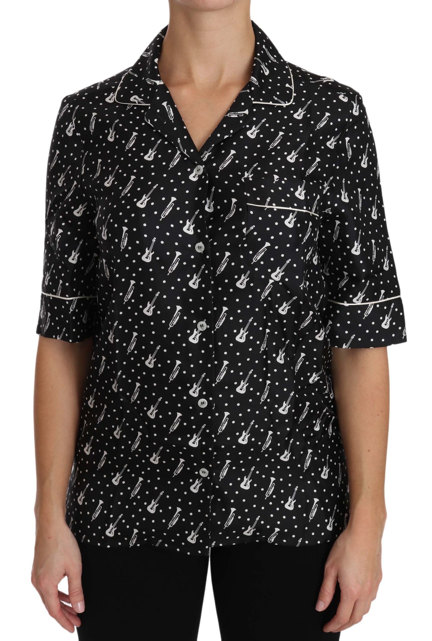 Dolce &amp; Gabbana Black GuitarTrumpet Print Silk Shirt Top