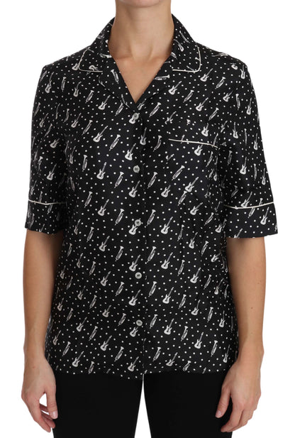 Dolce &amp; Gabbana Black GuitarTrumpet Print Silk Shirt Top