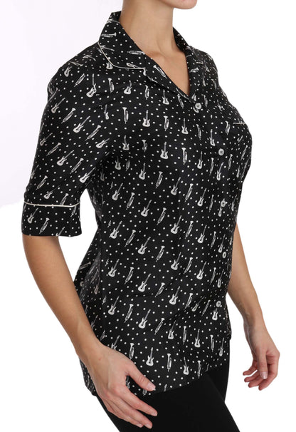 Dolce &amp; Gabbana Black GuitarTrumpet Print Silk Shirt Top