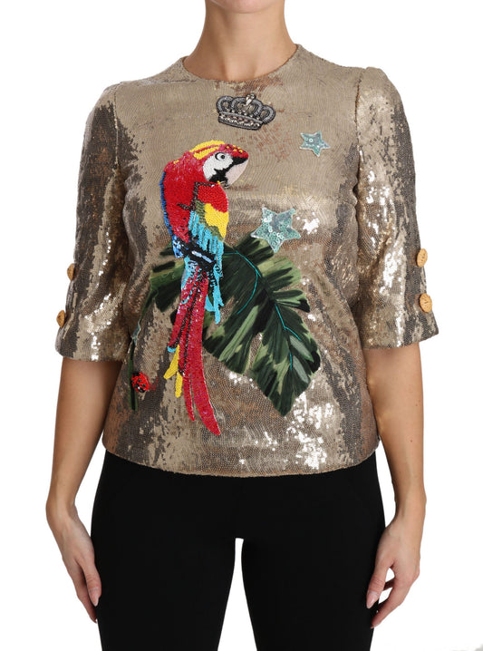 Chemisier ras du cou Dolce &amp; Gabbana à motif perroquet doré et cristaux