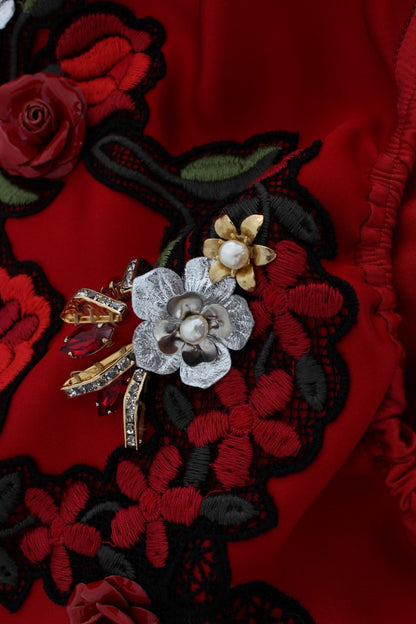 Dolce &amp; Gabbana Red Silk Crystal Roses Shorts 