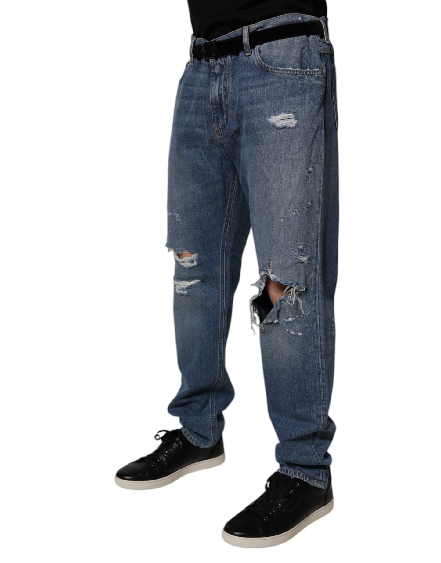 Dolce & Gabbana Blue Tattered Cotton Straight Denim Jeans by Dolce & Gabbana