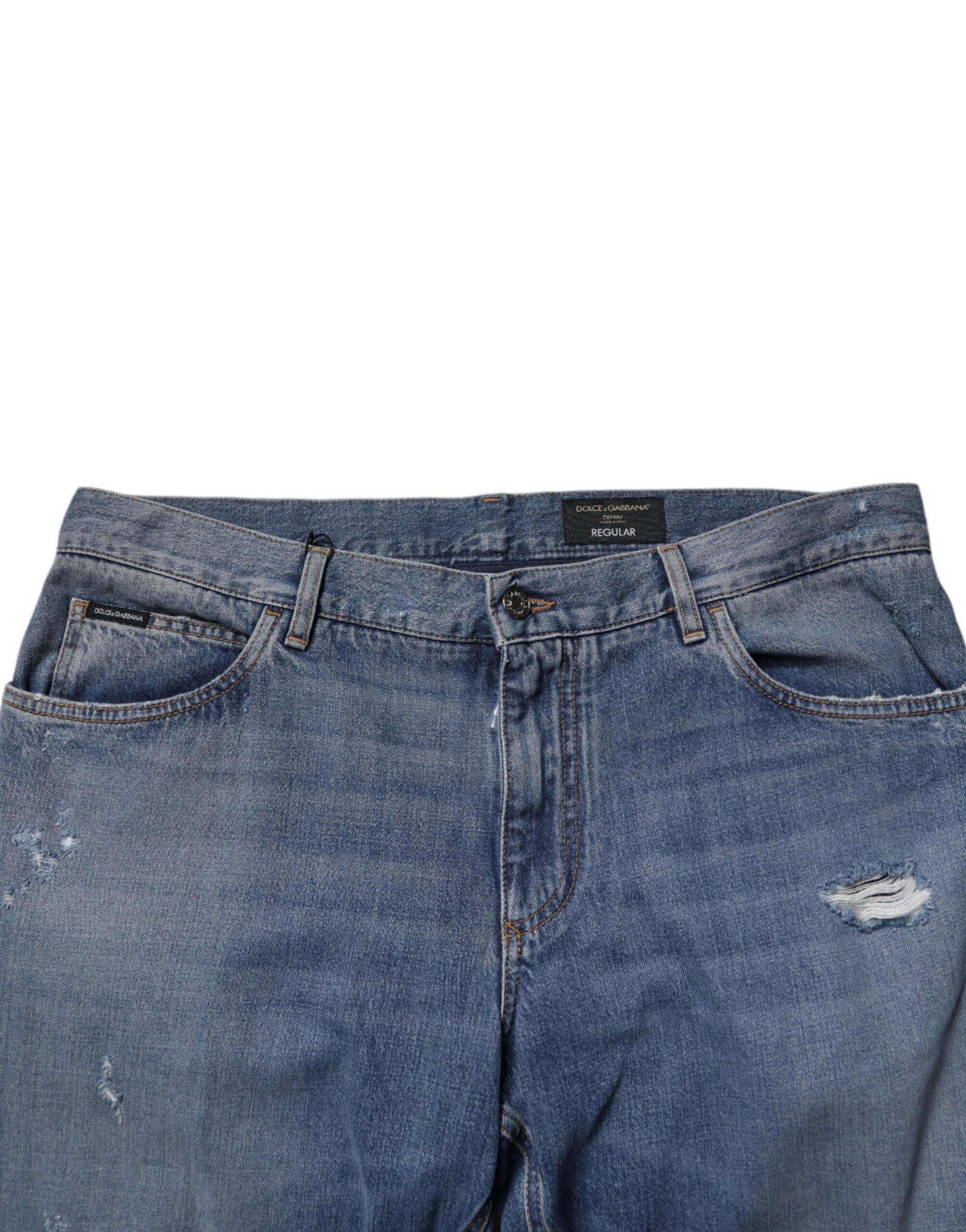 Dolce & Gabbana Blue Tattered Cotton Straight Denim Jeans by Dolce & Gabbana
