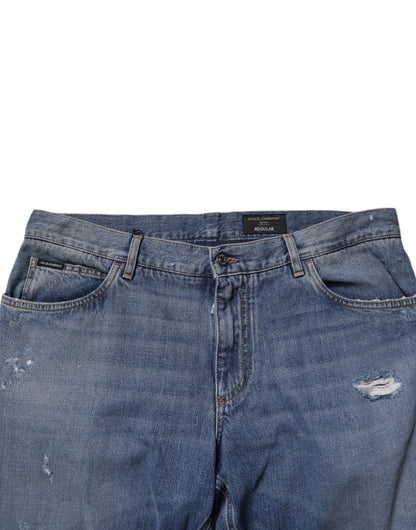 Dolce & Gabbana Blue Tattered Cotton Straight Denim Jeans by Dolce & Gabbana