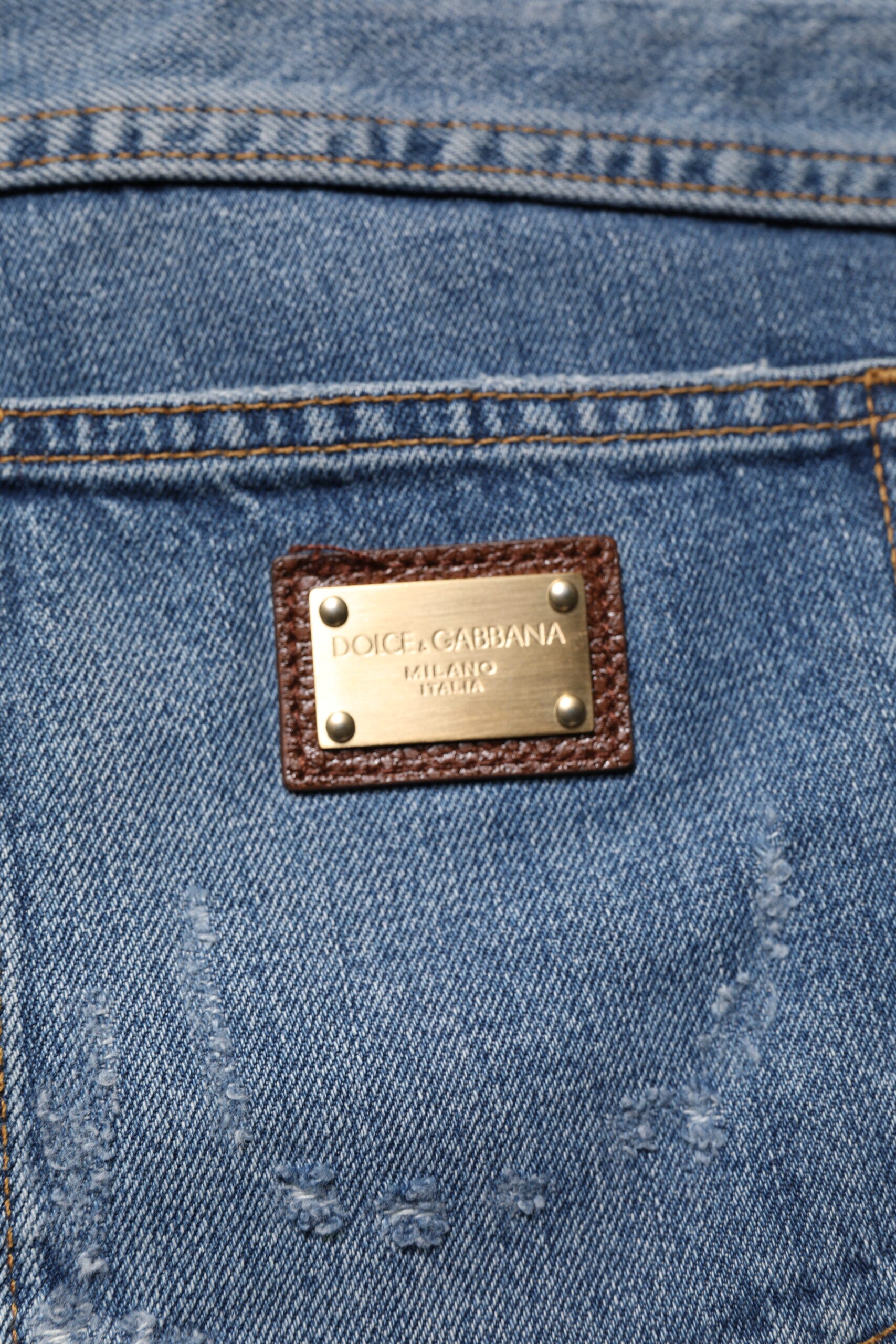 Dolce & Gabbana Blue Tattered Cotton Straight Denim Jeans by Dolce & Gabbana