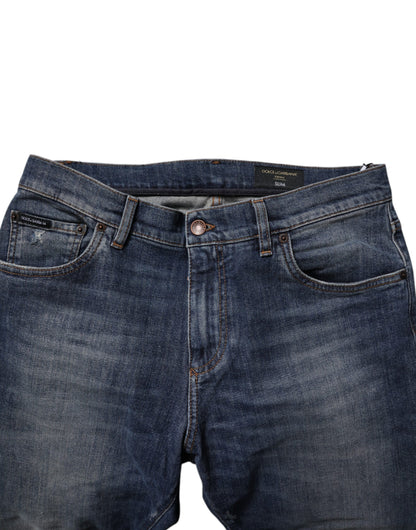 Dolce & Gabbana Dark Blue Cotton Leather Skinny Denim Jeans by Dolce & Gabbana
