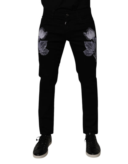 Dolce & Gabbana Black Floral Cotton Skinny Men Denim Jeans by Dolce & Gabbana