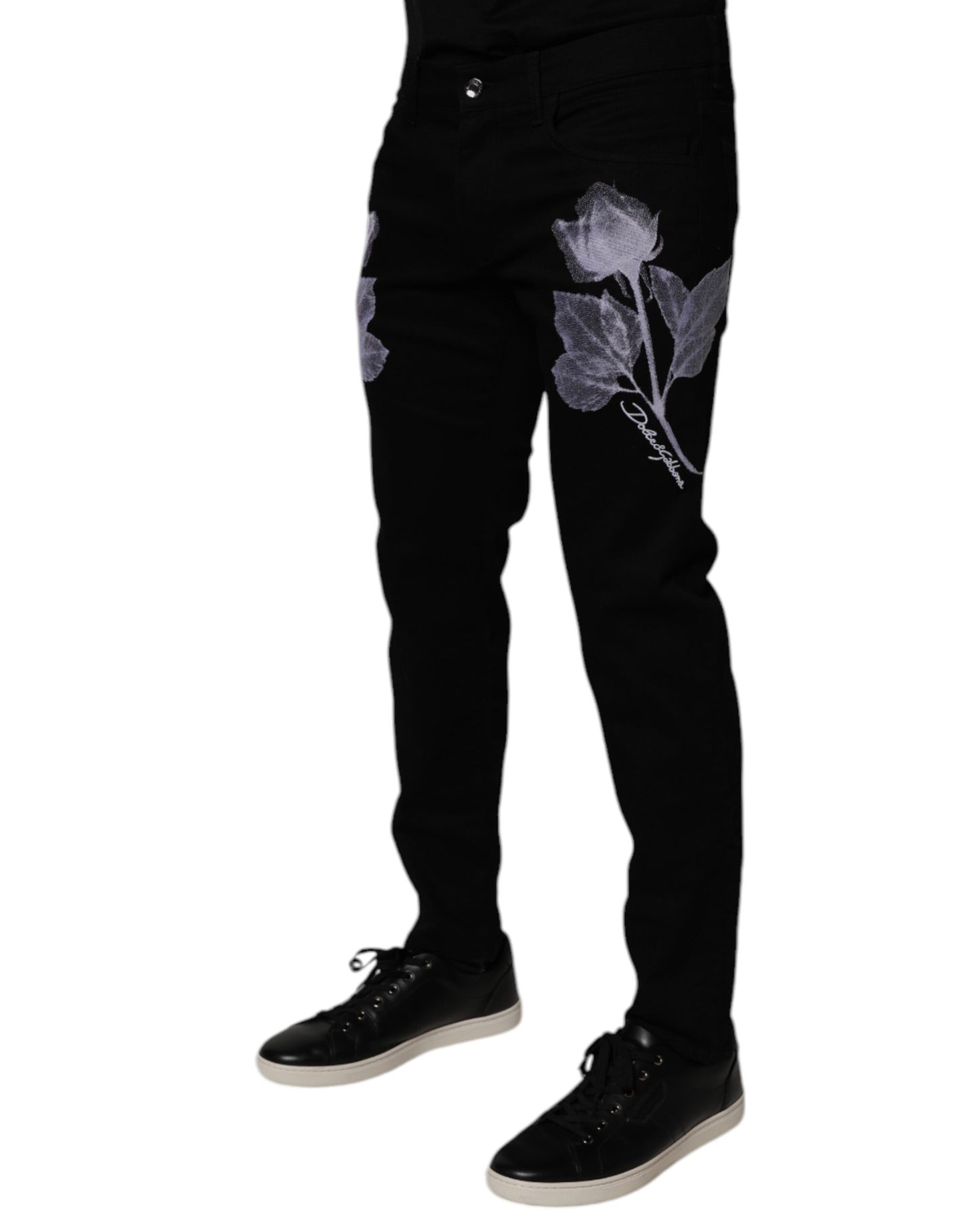Dolce & Gabbana Black Floral Cotton Skinny Men Denim Jeans by Dolce & Gabbana