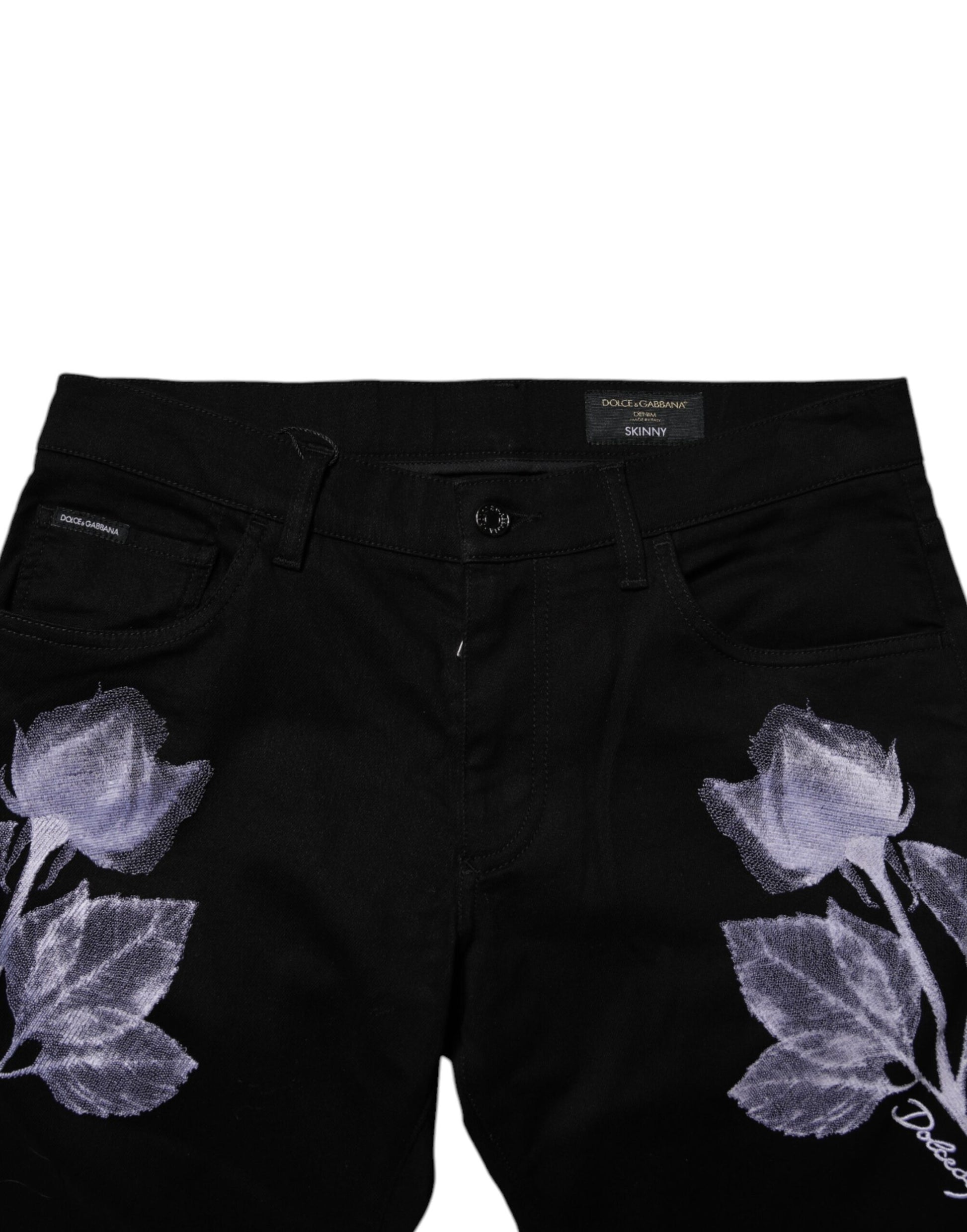 Dolce & Gabbana Black Floral Cotton Skinny Men Denim Jeans by Dolce & Gabbana