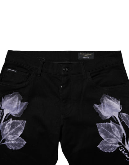 Dolce & Gabbana Black Floral Cotton Skinny Men Denim Jeans by Dolce & Gabbana