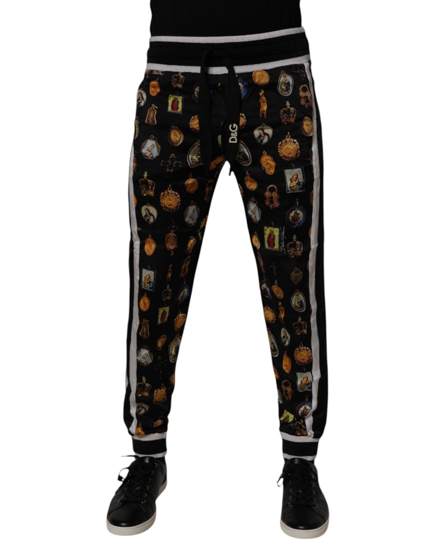 Dolce & Gabbana Black Religious Print Silk Men Jogger Pants by Dolce & Gabbana