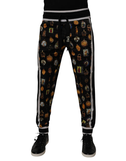 Dolce & Gabbana Black Religious Print Silk Men Jogger Pants by Dolce & Gabbana