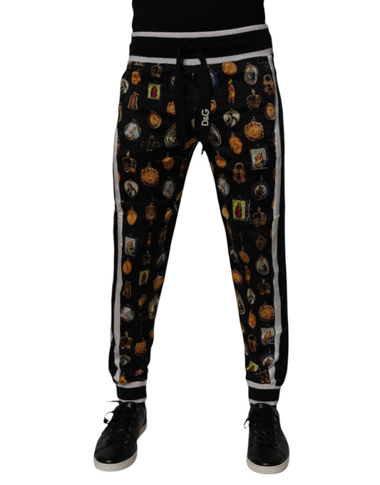 Dolce & Gabbana Black Religious Print Silk Men Jogger Pants by Dolce & Gabbana
