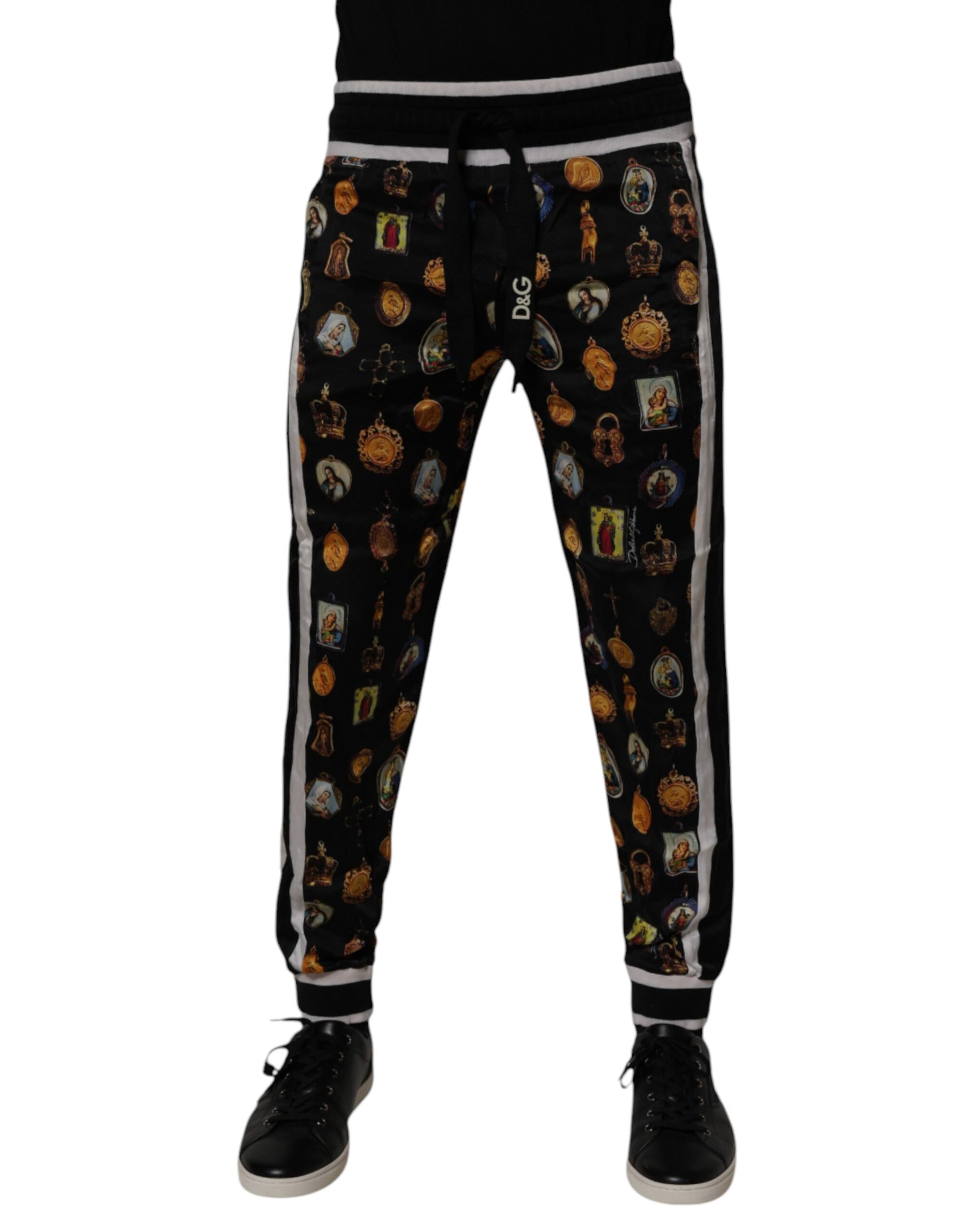 Dolce & Gabbana Black Religious Print Silk Men Jogger Pants by Dolce & Gabbana
