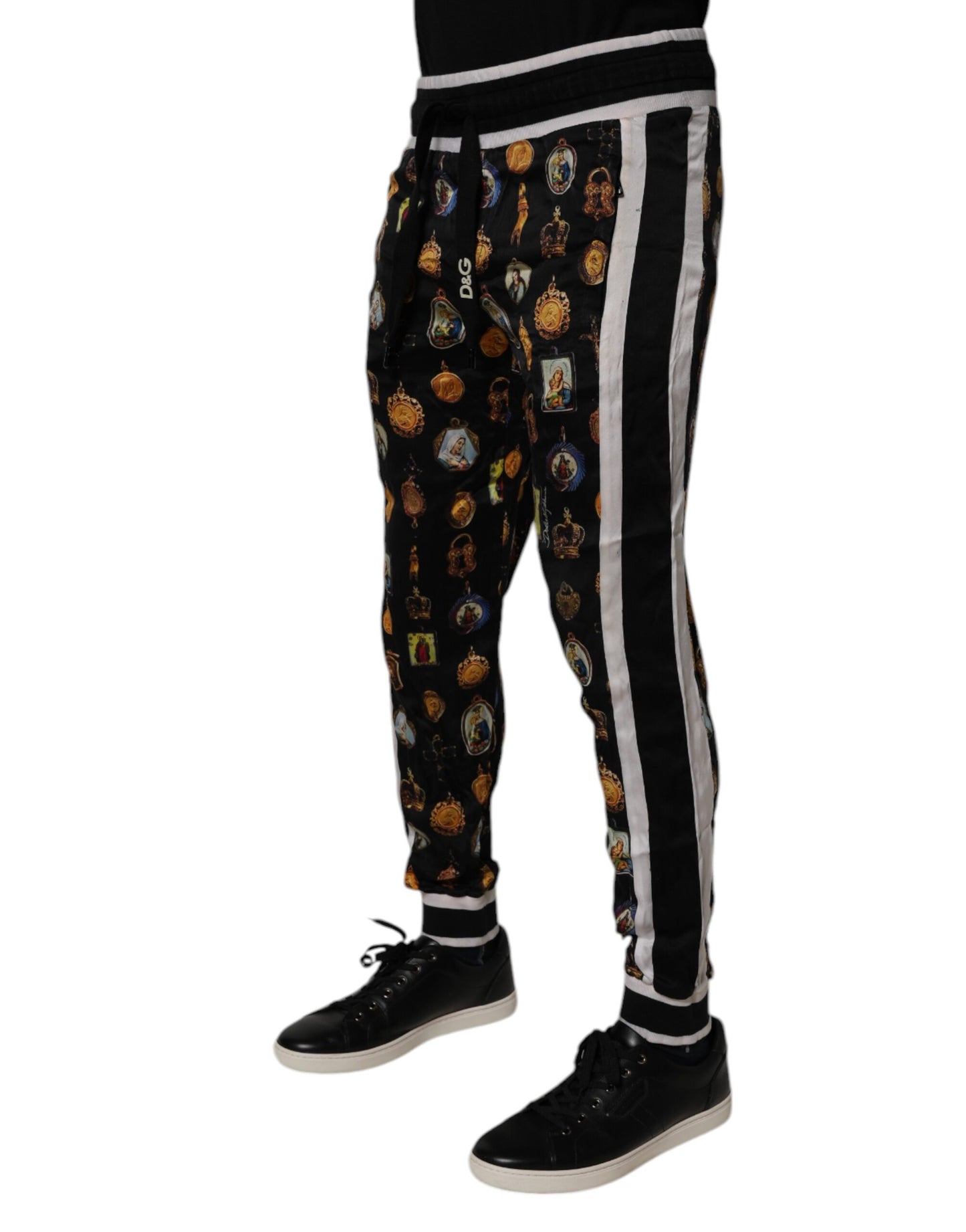 Dolce & Gabbana Black Religious Print Silk Men Jogger Pants by Dolce & Gabbana