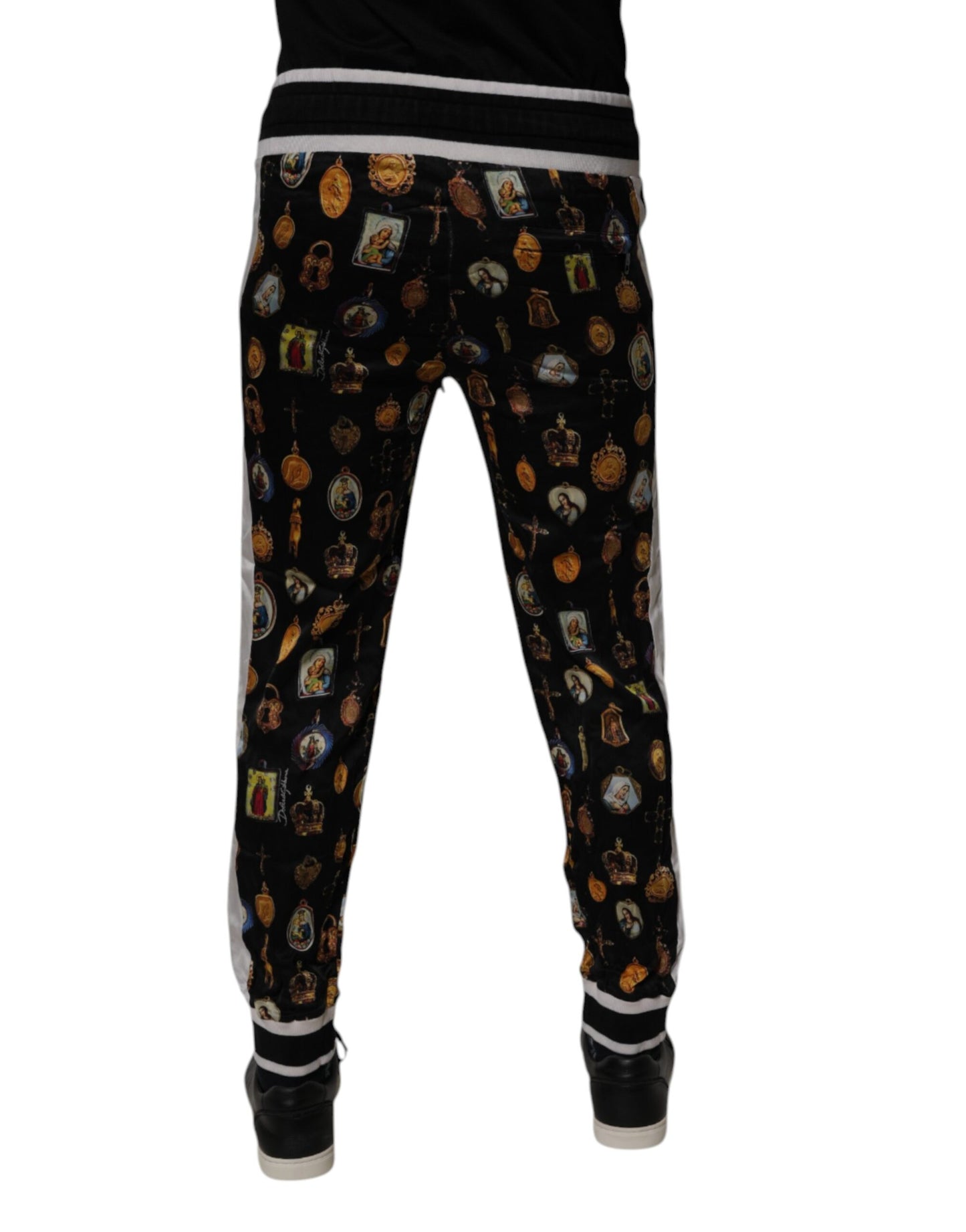 Dolce & Gabbana Black Religious Print Silk Men Jogger Pants by Dolce & Gabbana