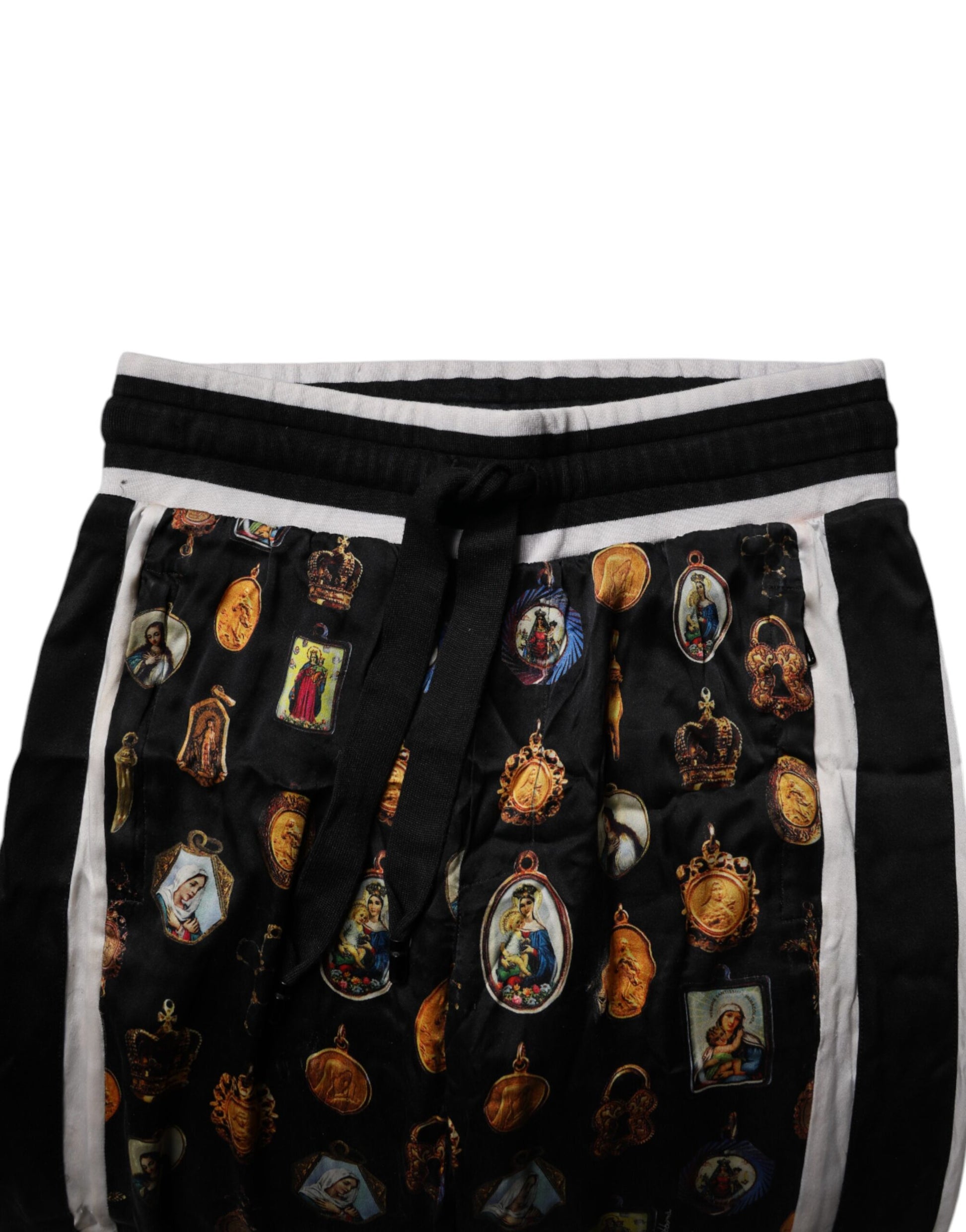 Dolce & Gabbana Black Religious Print Silk Men Jogger Pants by Dolce & Gabbana