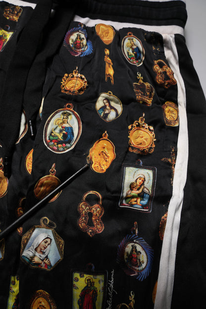 Dolce & Gabbana Black Religious Print Silk Men Jogger Pants by Dolce & Gabbana