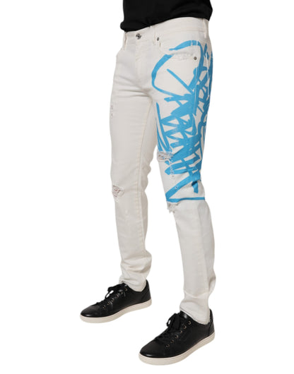 Dolce & Gabbana White Tattered Graffiti Skinny Denim Jeans by Dolce & Gabbana