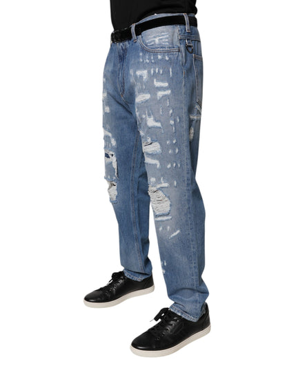 Dolce & Gabbana Blue Tattered Straight Cotton Denim Jeans by Dolce & Gabbana