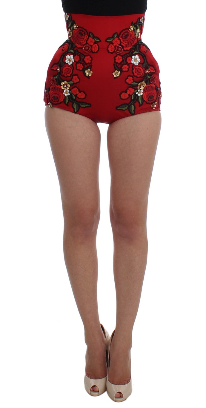Short glamour en soie rouge brodé de fleurs Dolce &amp; Gabbana