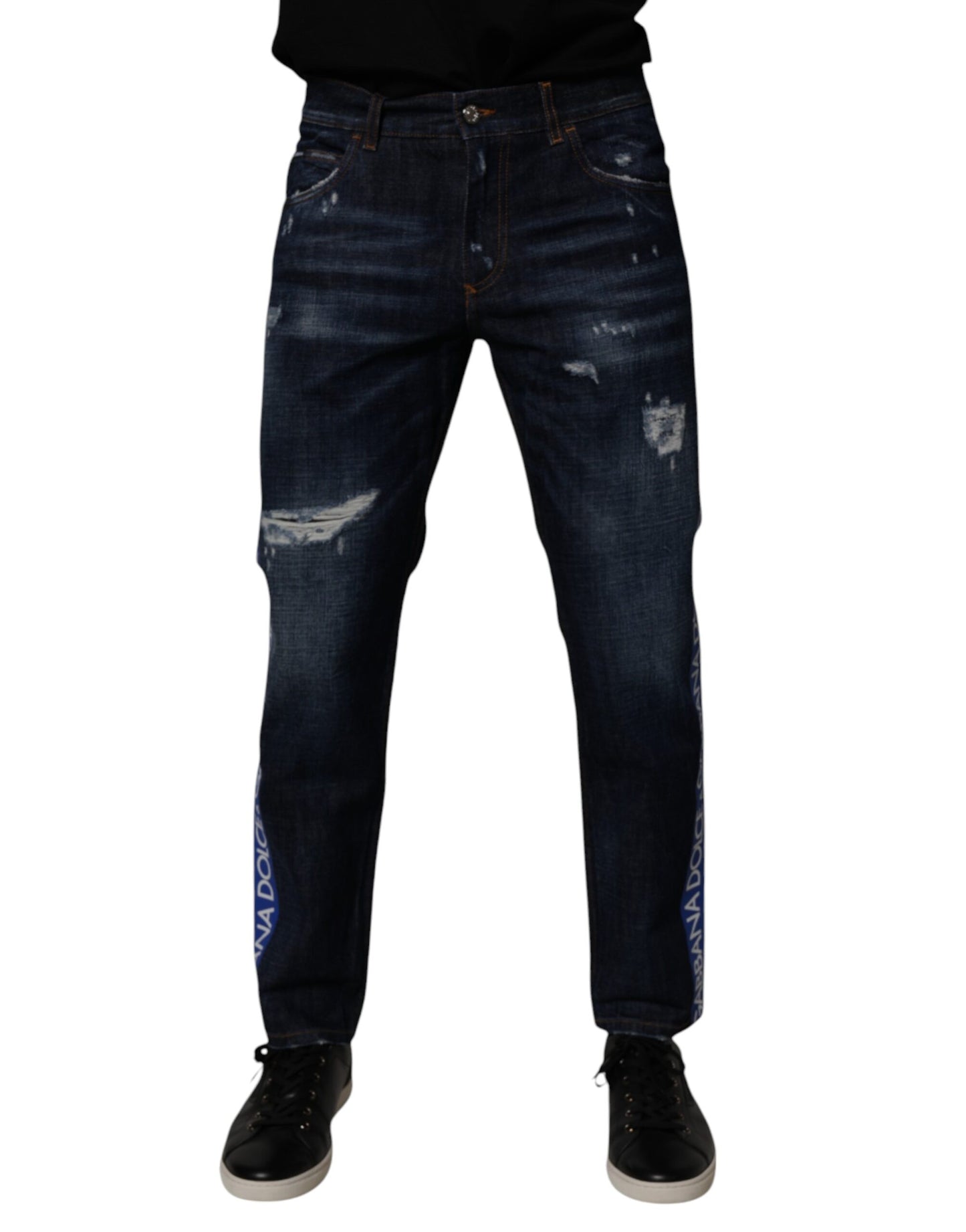 Dolce & Gabbana Dark Blue Cotton Tattered Skinny Denim Jeans by Dolce & Gabbana