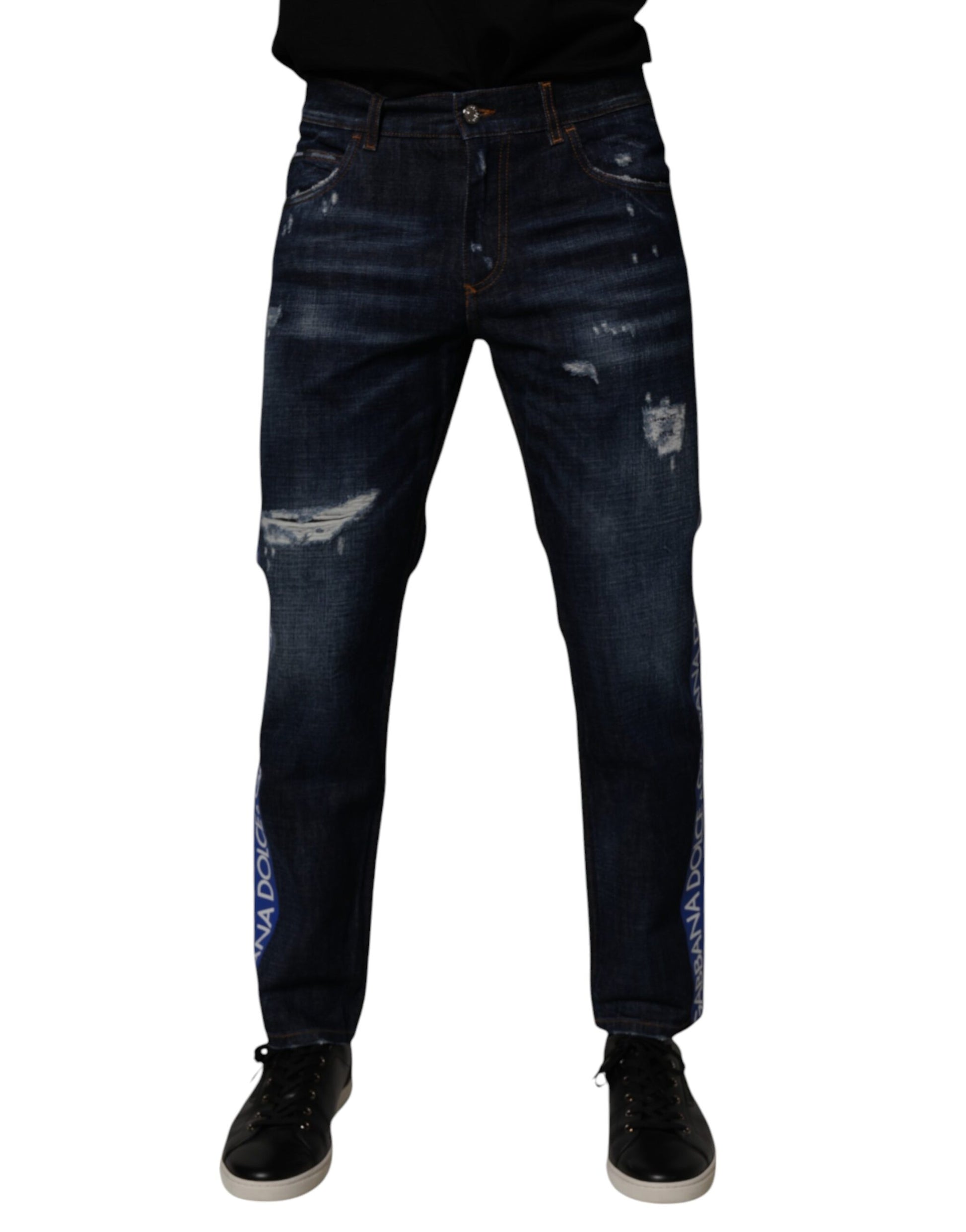 Dolce & Gabbana Dark Blue Cotton Tattered Skinny Denim Jeans by Dolce & Gabbana