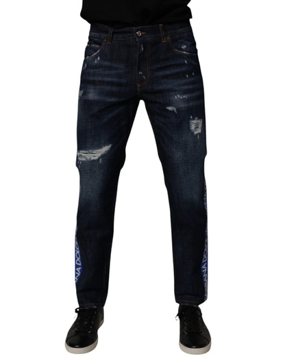 Dolce & Gabbana Dark Blue Cotton Tattered Skinny Denim Jeans by Dolce & Gabbana
