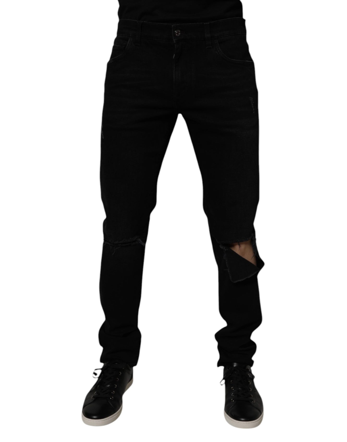 Dolce & Gabbana Black Cotton Tattered Skinny Men Denim Jeans by Dolce & Gabbana