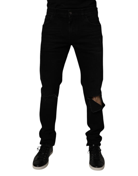 Dolce & Gabbana Black Cotton Tattered Skinny Men Denim Jeans by Dolce & Gabbana