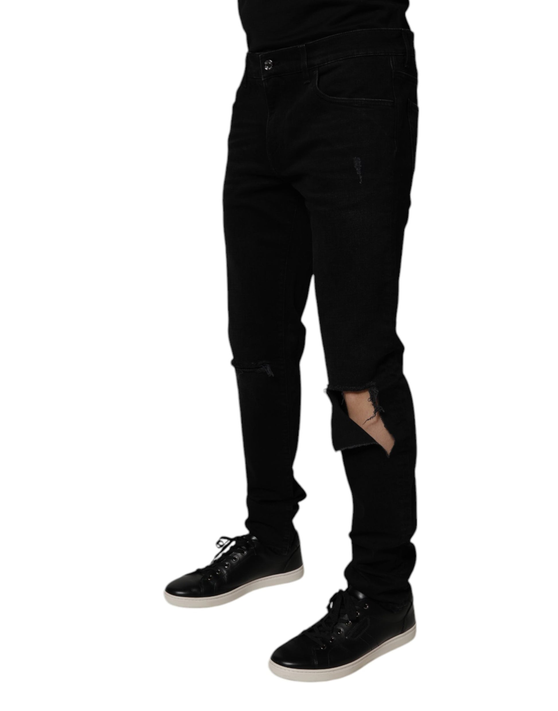 Dolce & Gabbana Black Cotton Tattered Skinny Men Denim Jeans by Dolce & Gabbana