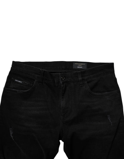 Dolce & Gabbana Black Cotton Tattered Skinny Men Denim Jeans by Dolce & Gabbana