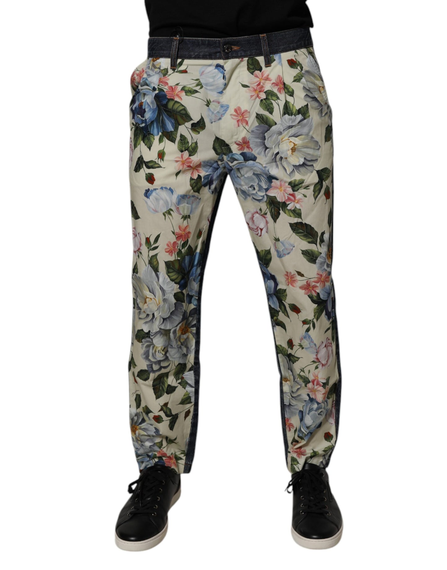 Dolce & Gabbana Beige Blue Floral Cotton Men Denim Jeans by Dolce & Gabbana
