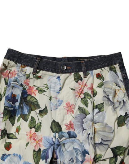 Dolce & Gabbana Beige Blue Floral Cotton Men Denim Jeans by Dolce & Gabbana