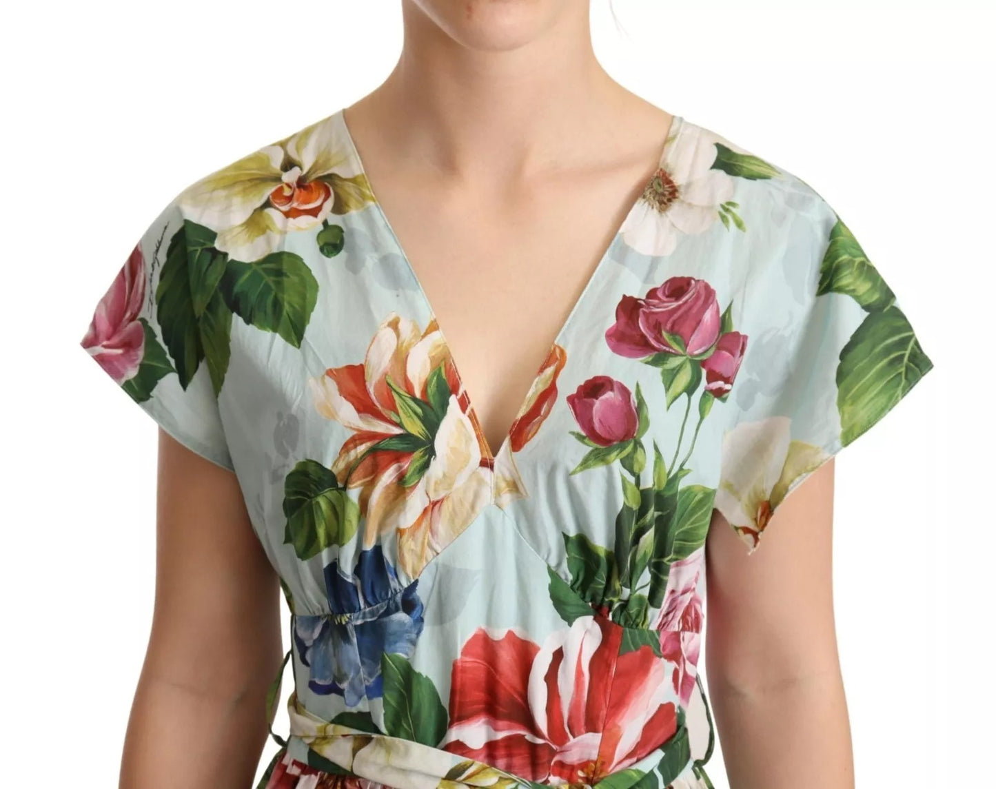Dolce &amp; Gabbana Green Floral Short Sleeves Cotton V-neck Dress