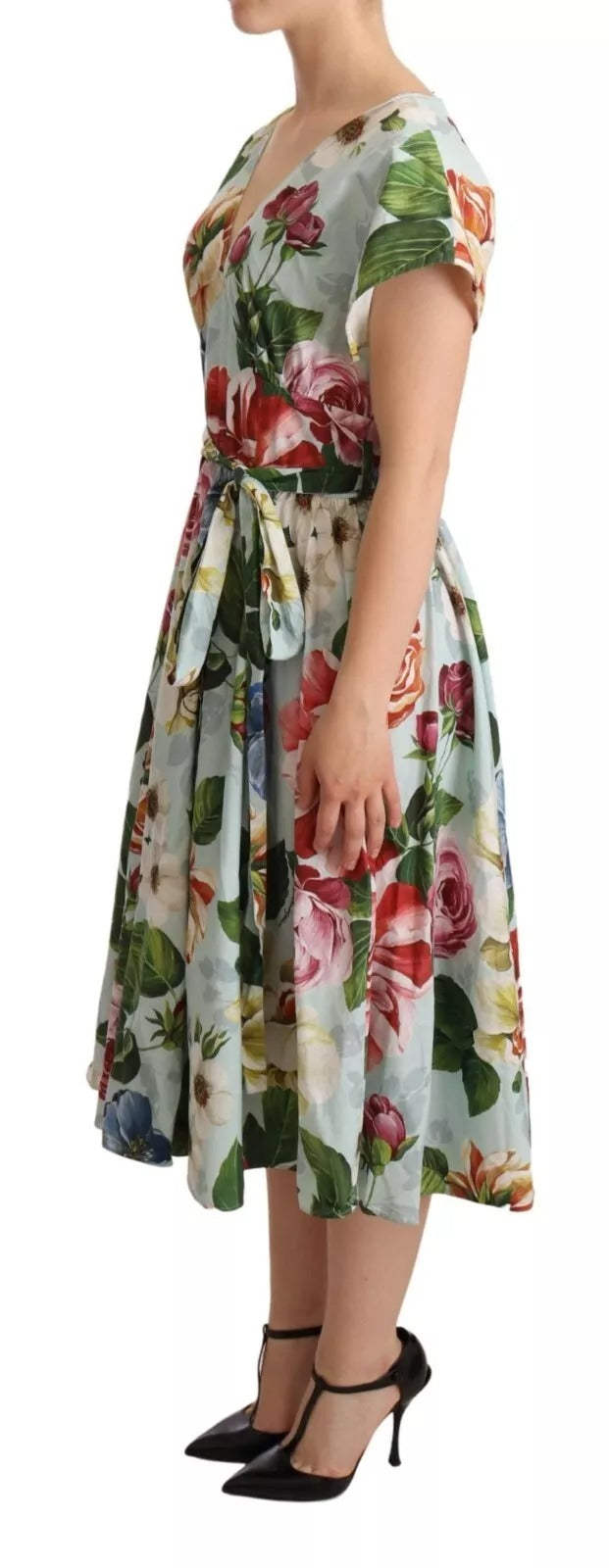 Dolce &amp; Gabbana Green Floral Short Sleeves Cotton V-neck Dress