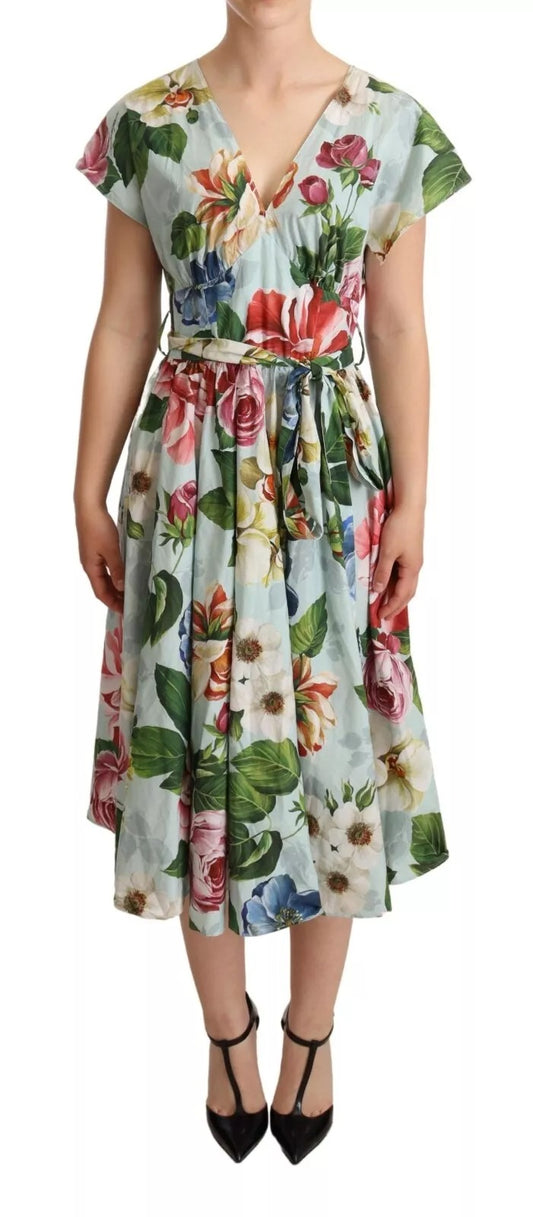 Dolce &amp; Gabbana Green Floral Short Sleeves Cotton V-neck Dress